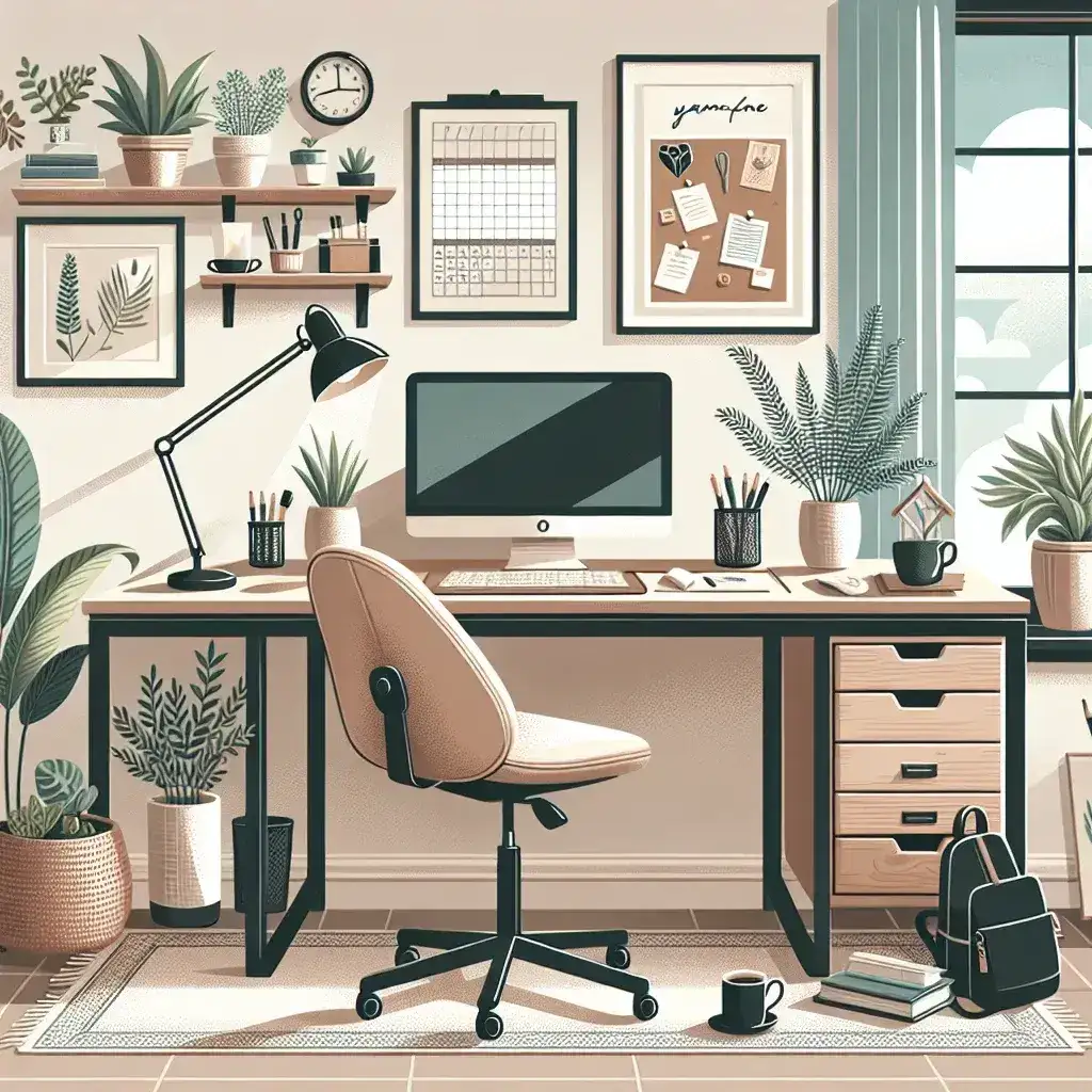 "Cozy home office setup with ergonomic chair, spacious desk, and warm lighting, illustrating essential tips for creating a comfortable and productive workspace."